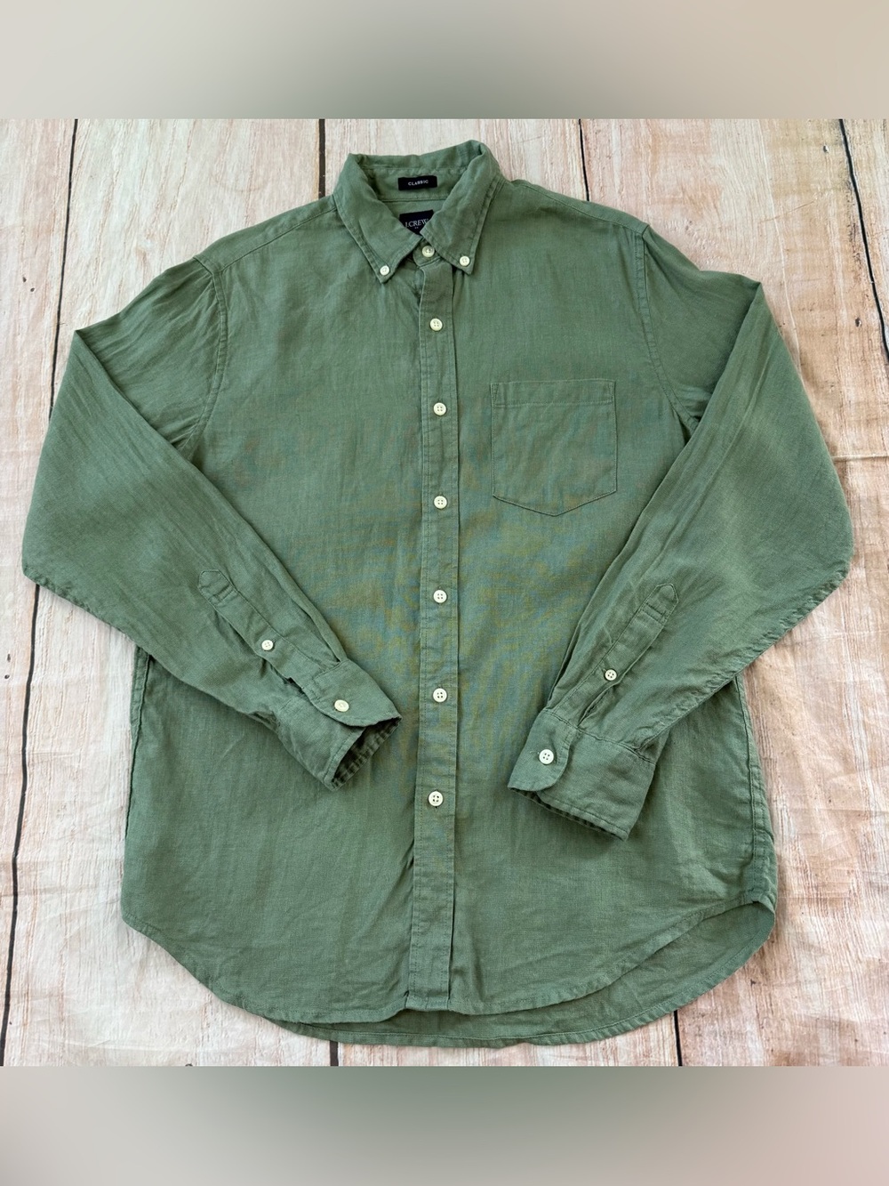 J.Crew Mens Classic Fit Linen Button Down Shirt Green Long Sleeve Small READ